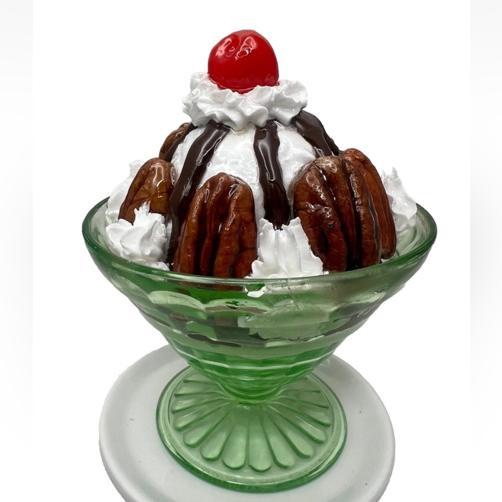 Pecan Hot Fudge Ice Cream Sundae Dessert Uranium Glass Handmade Resin Art 5”
